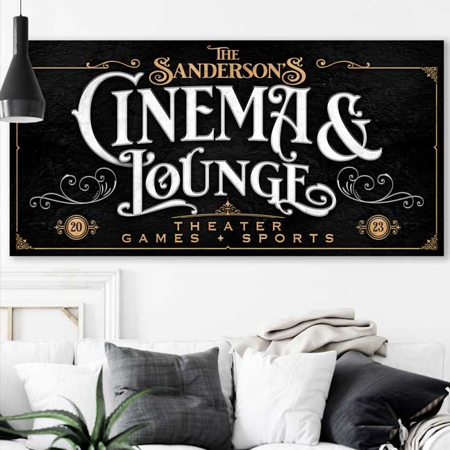 The [family name] cinema & Lounge  theater games and sports on black back ground
