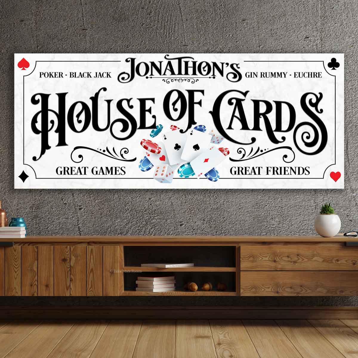  Poker room decor of white marble sign with black wording that says; [family name] House of cards, great games great friends.