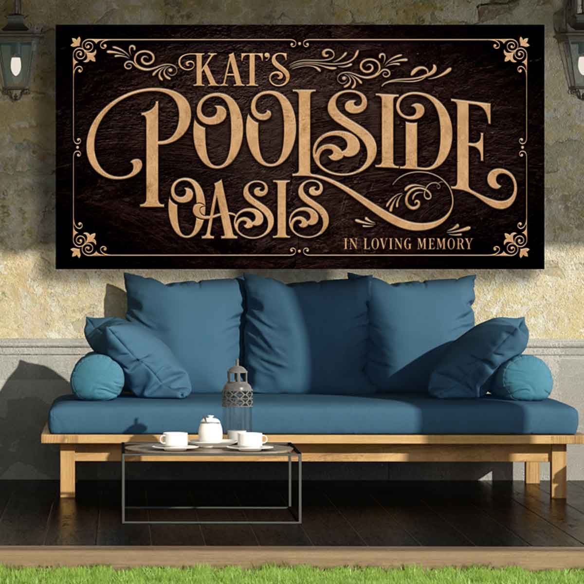 Pool Signs - Poolside Oasis with dark brown stone background texture and the words Poolside Oasis