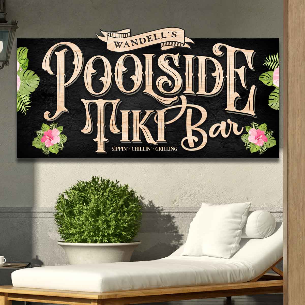 Pool and Patio Sign with the words: (family name) Poolside Tiki Bar on black with Green and pink foilage.