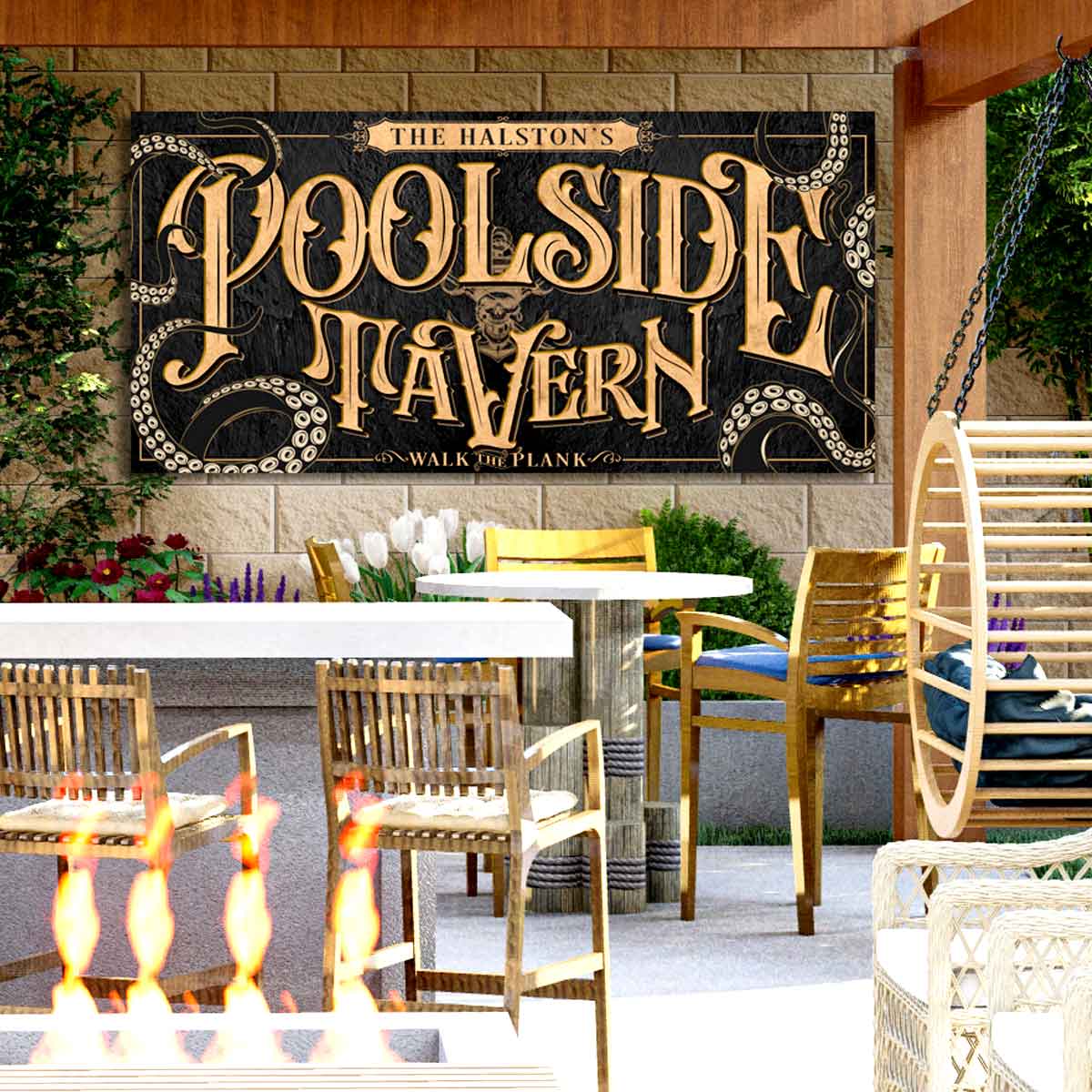 Pool and Patio Sign & Bar Sign in black with wood color and carribean tentacles coming through with a pirate and family name.