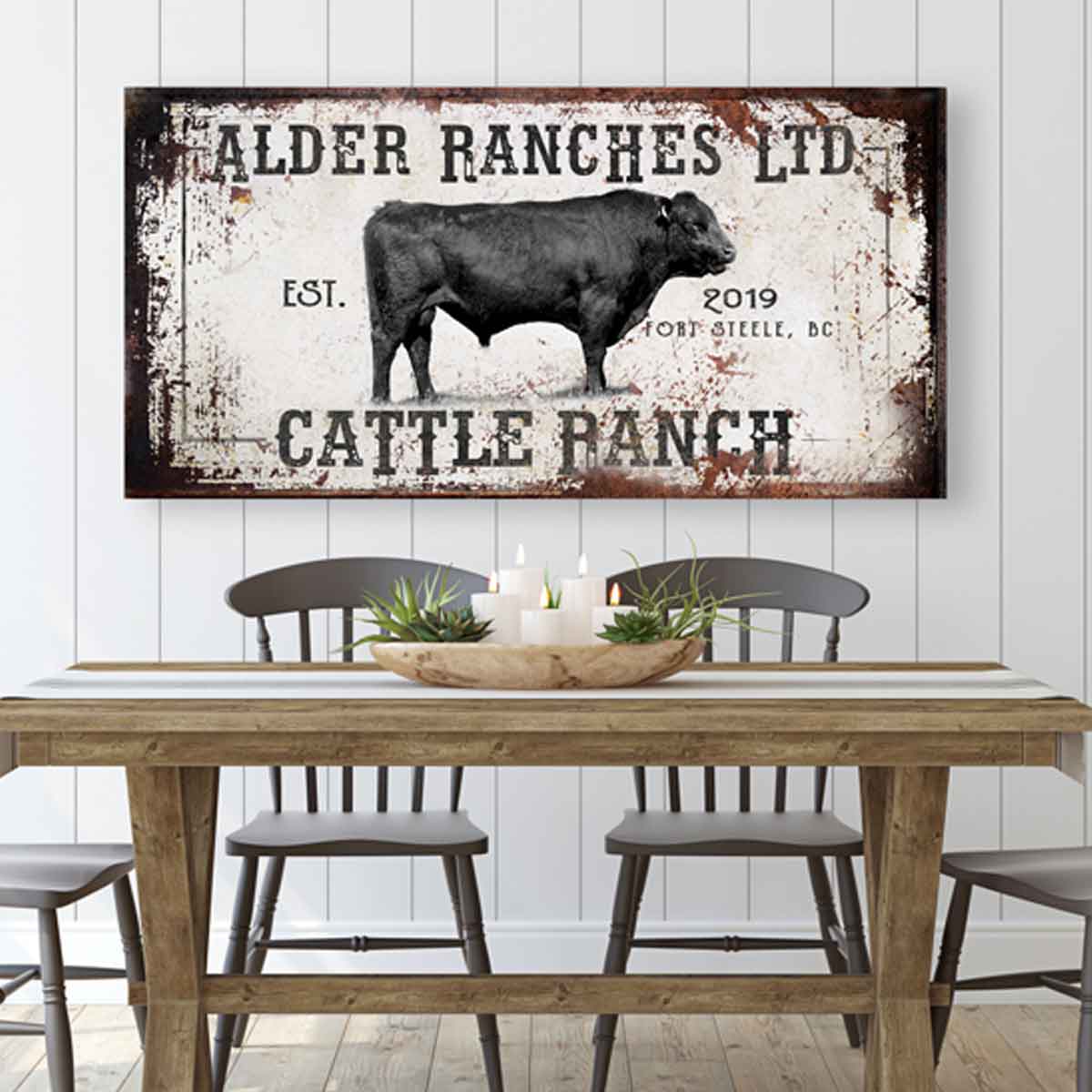 Cattle Ranch Decor with a big Bull on rustic tailored canvas with the words (family name) Cattle Ranch with date, and city