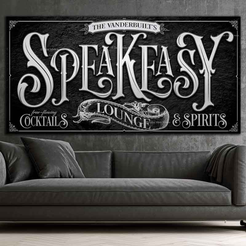 Speakeasy Sign Decor in Silver with a black stone background and silver lettering that says: Speakeasy Lounge, free flowing cocktails and spirits