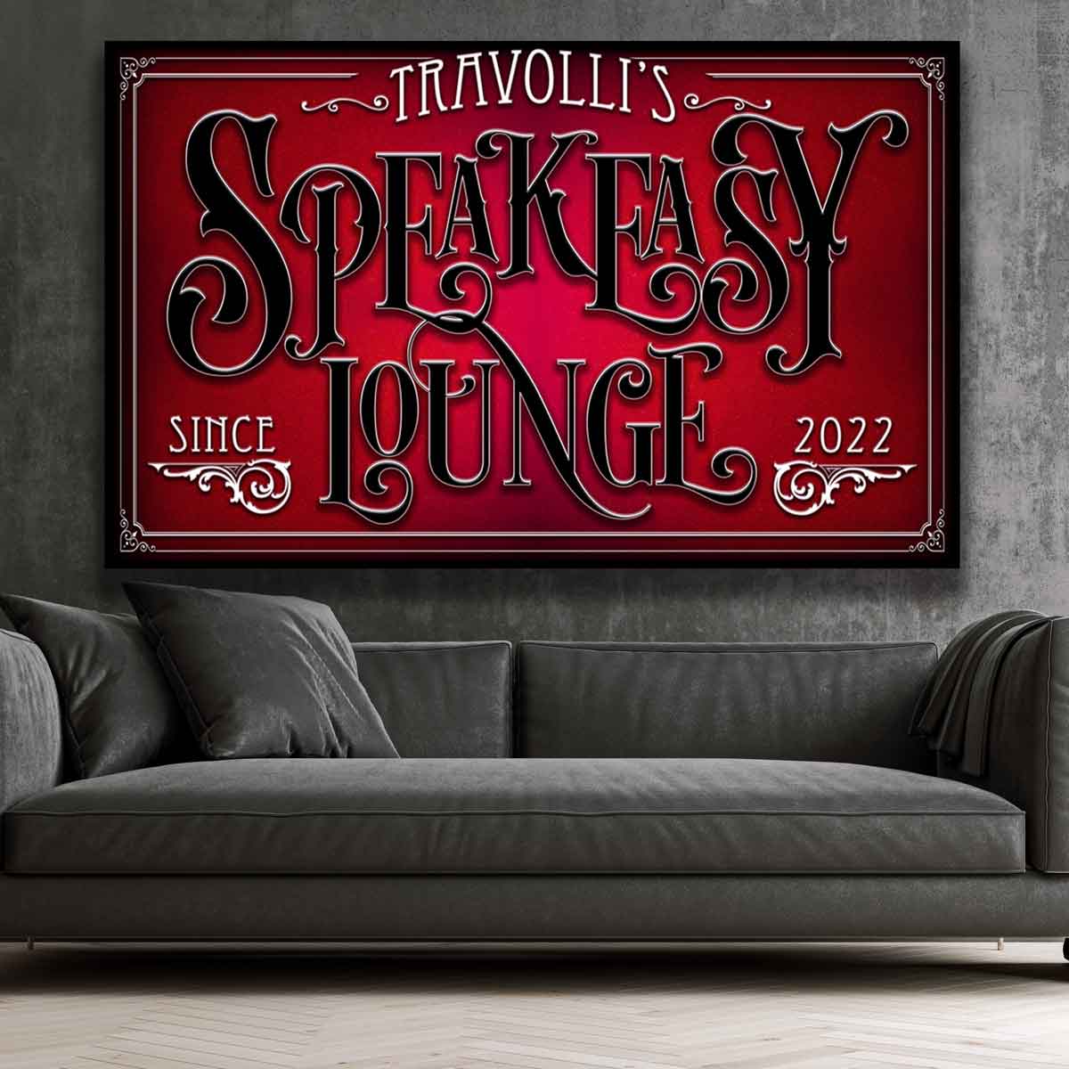 Speakeasy Lounge Sign in Crushed velvet red background with Family Name and words Speakeasy Lounge