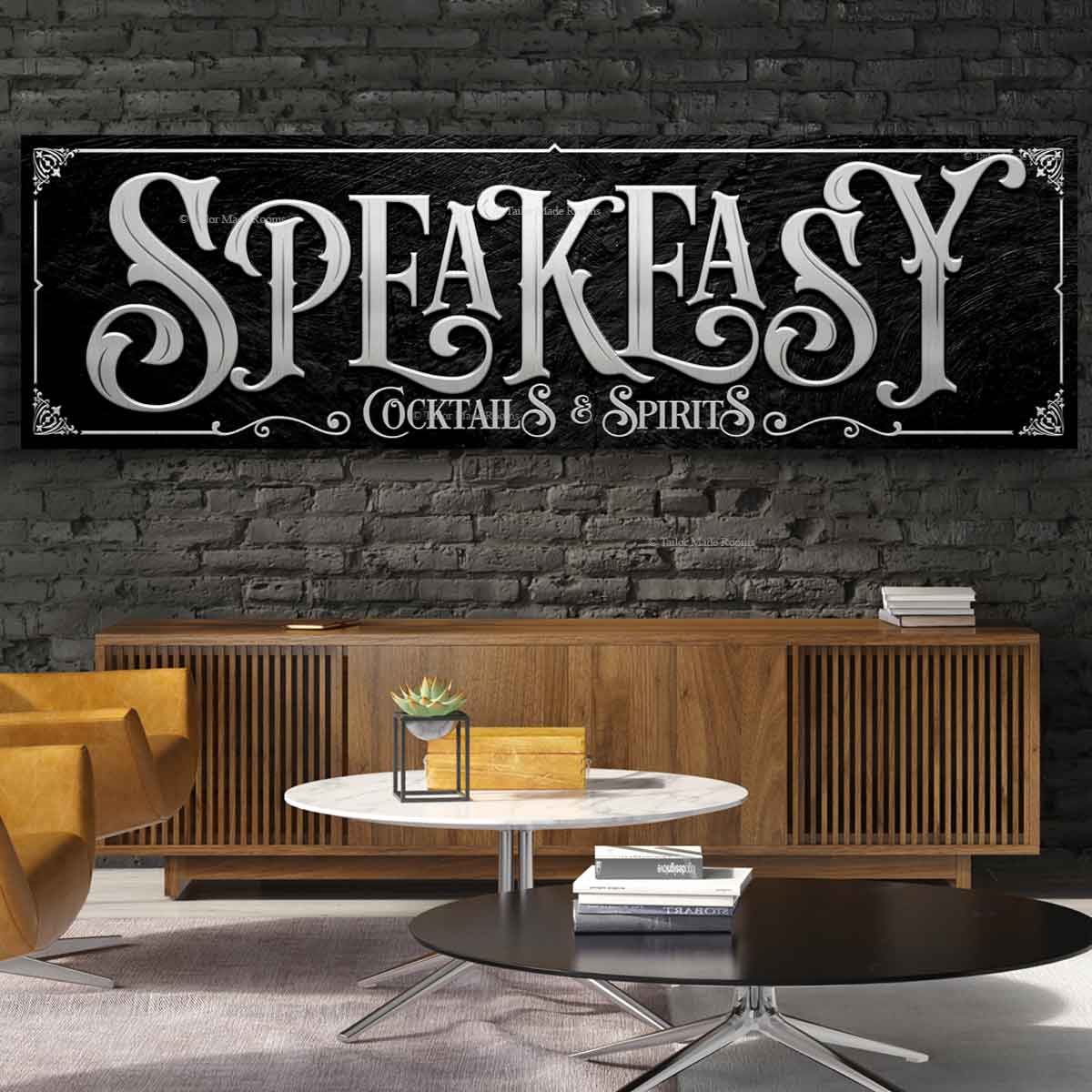 Speakeasy Sign in Silver Text that looks like metal, [speakeasy Cocktails and spirits]
