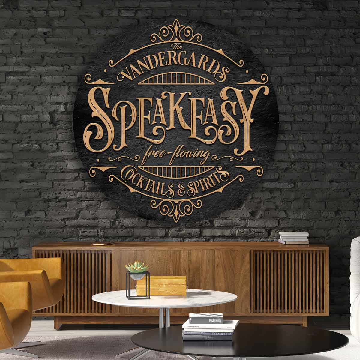 Speakeasy Bar Sign on a round metal stone surface with the words {family name} Speakeasy free flowing Cocktails and Spirits Personalized