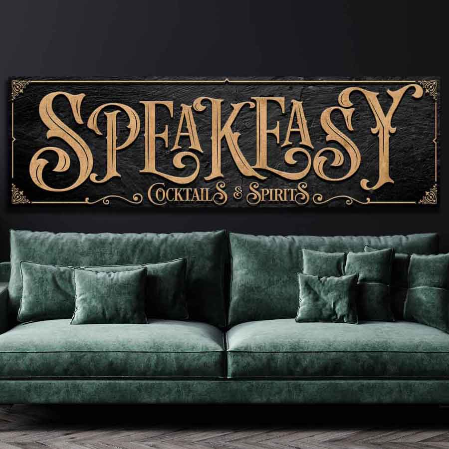 Speakeasy Sign on black background with beveled wood and the words: Cocktails and spirits