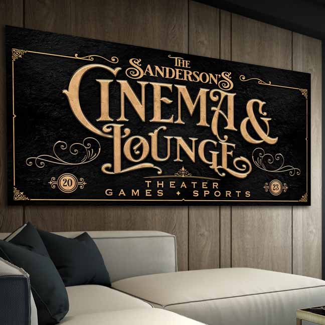 Personalized Home Theater Sign -Cinema Sign with black textured background and the (family name) with words Cinema & Lounge, theaters - games-sports.