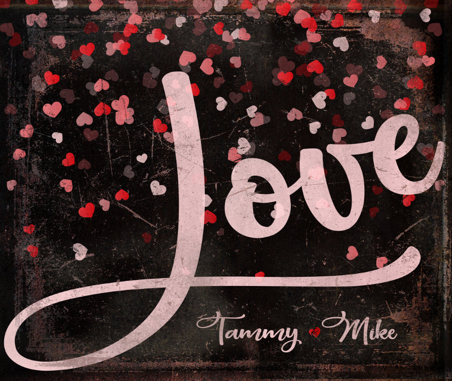 Valentines Day Sign Wall Art on distressed black canvas with the words LOVE and [personalized names] with red hearts