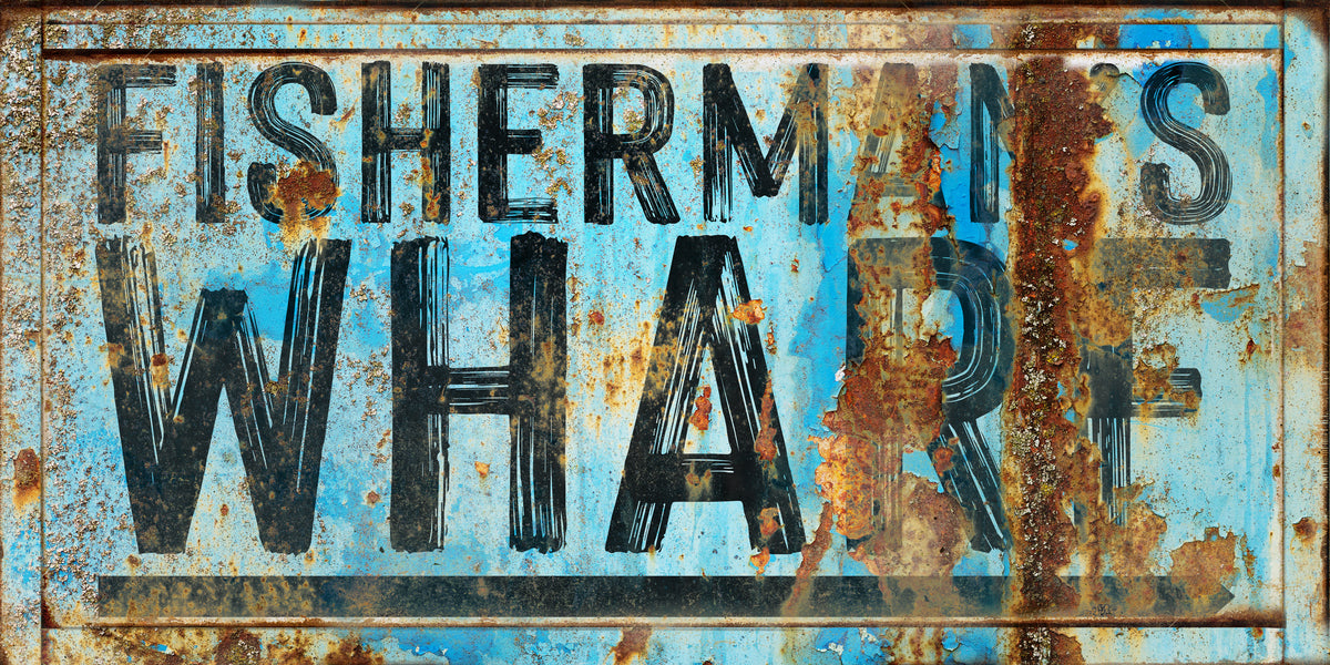 Vintage Coastal Decor, restaurant decor of distress blue rusty metal sign with the words: Fisherman's Wharf with an arrow.