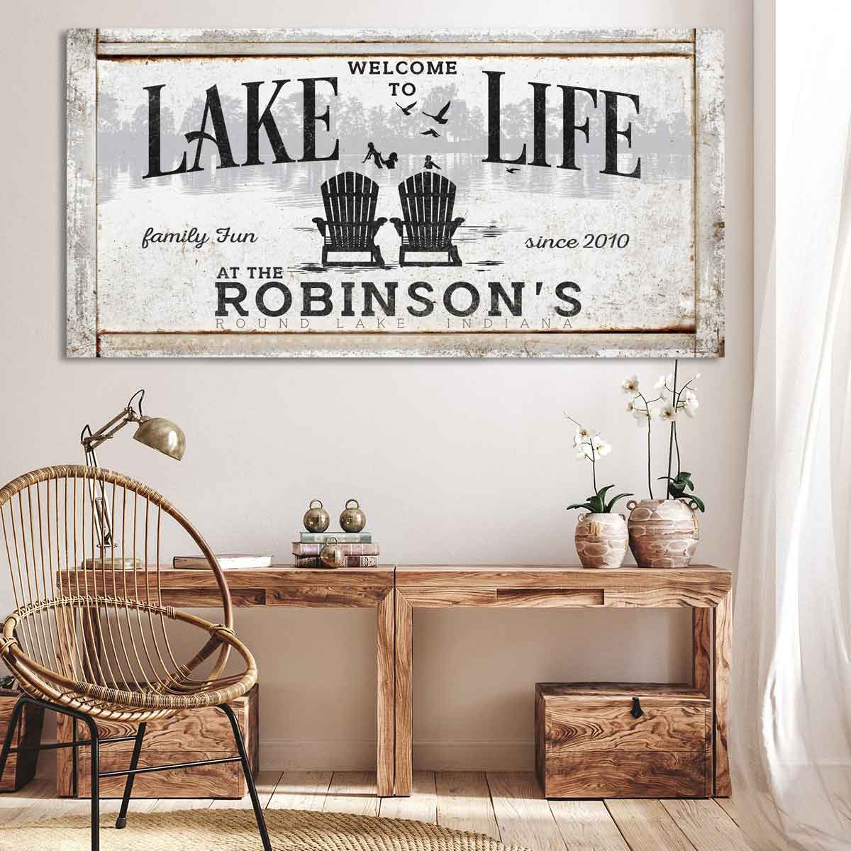 Vintage Lake House Sign on distressed white frame, with the words: Welcome to Lake Life at the [family Name], and name of lake with est. date.