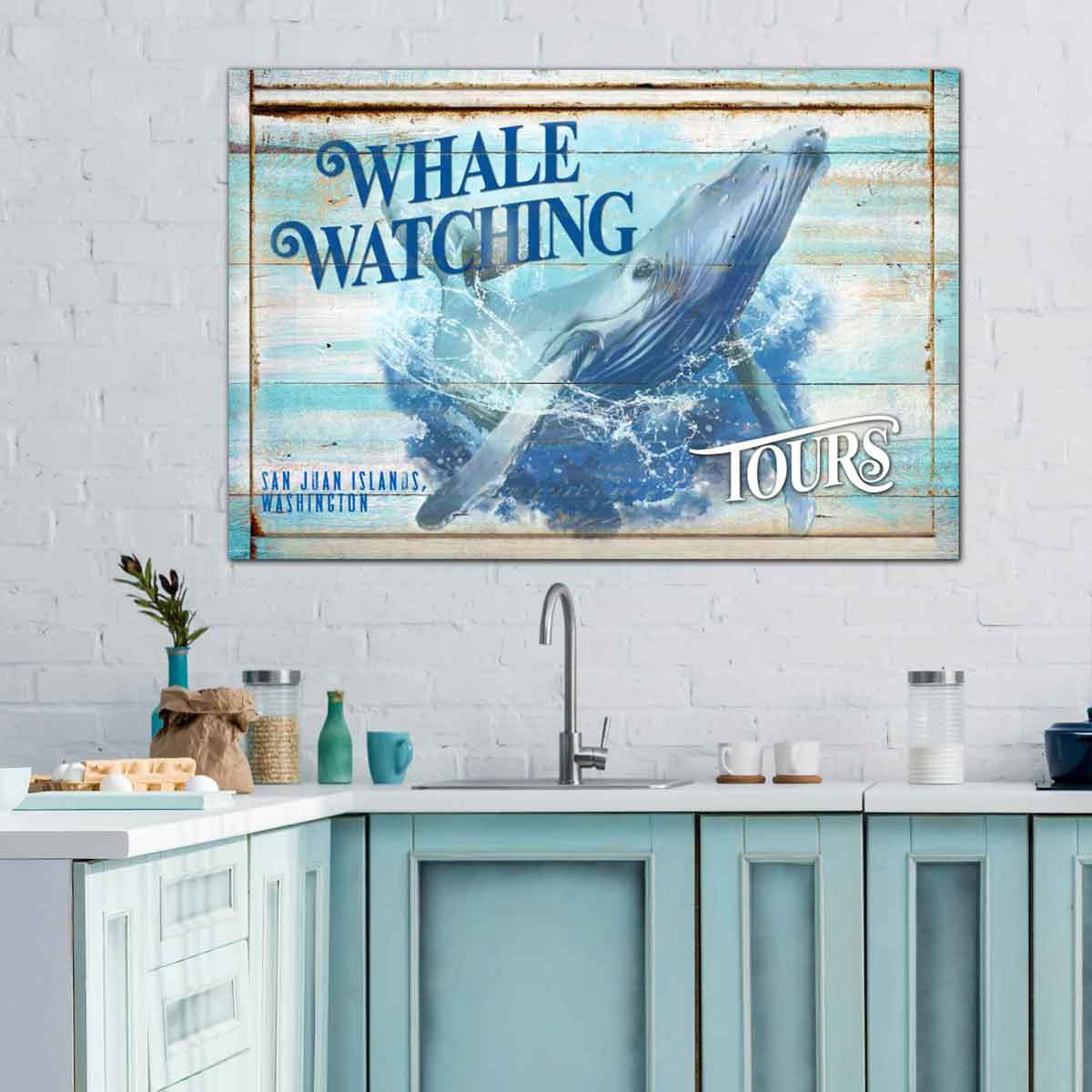 Do you like to watch the Whales. You will love this custom Art - Just add your name & location. This faux wood frame looks like old wood in beachy teal colors. 