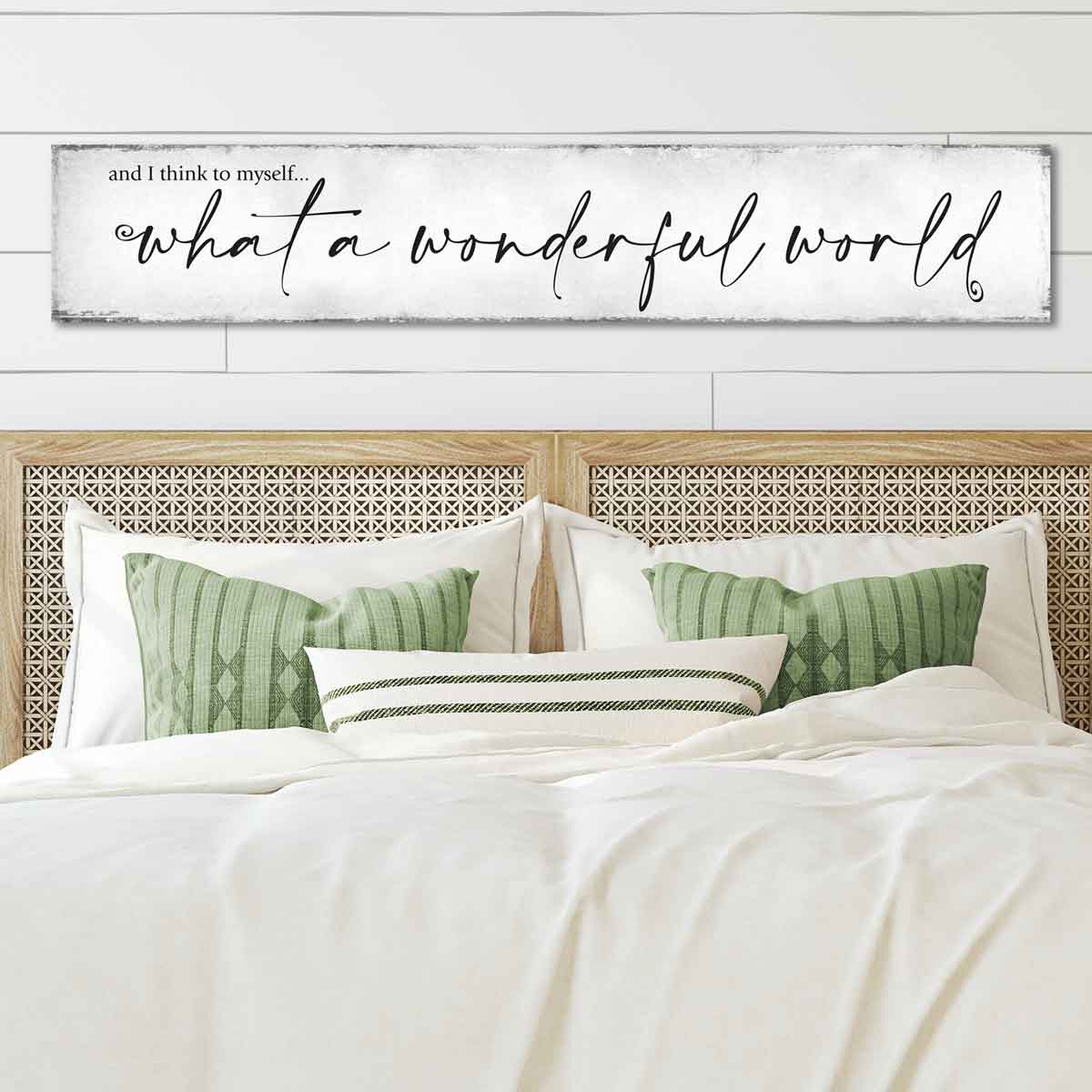 Reads "and I think to myself... what a wonderful world" on distressed white background