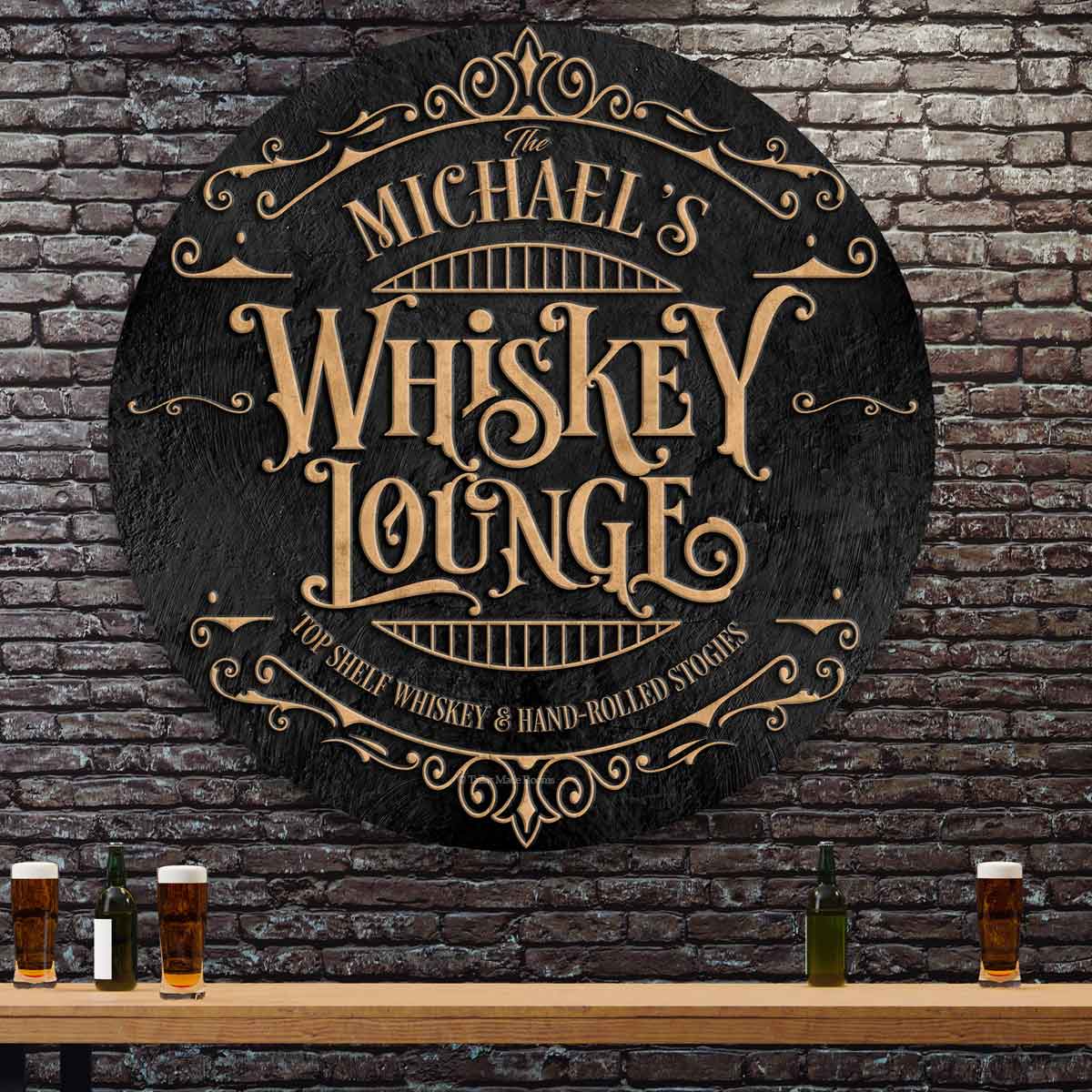 Whiskey Bar Sign_Bourbon Bar Sign on black metal circle with family name and the words: Whiskey Lounge, top shelf whiskey and hand rolled stogies