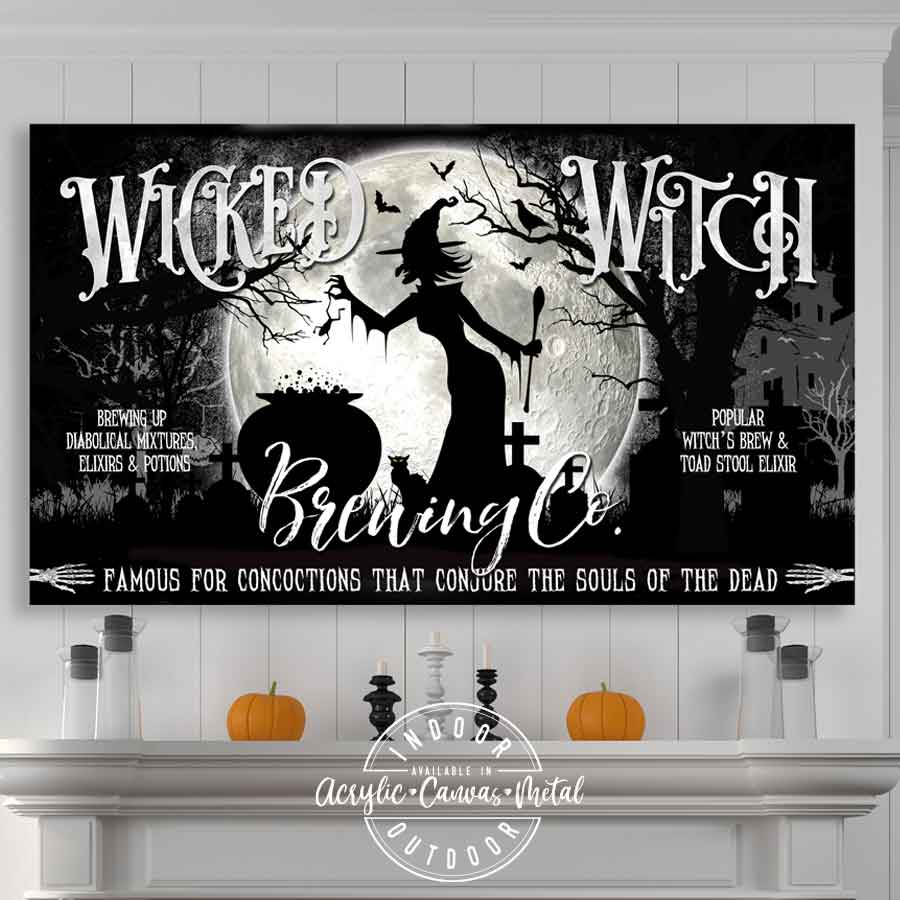 Wicked Witch Halloween Sign on black textured canvas with big Moon and a witch brewing with a kettle, with the words; Wicked Witch Brewing Co.