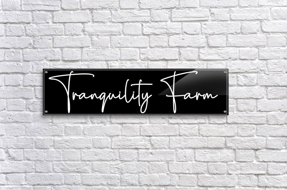 Large Metal Barn Signs, in black with the barn sign name " tranquility farm" in white script font.