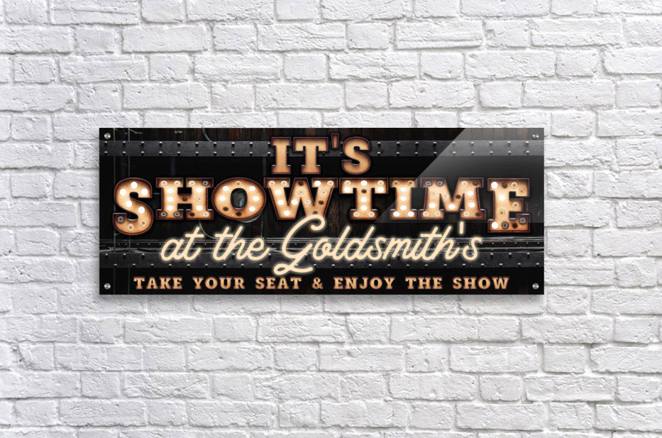 It's Showtime Movie Theater Sign with black background and faux marquee lights and neon-lights and personalized name on the movie sign.