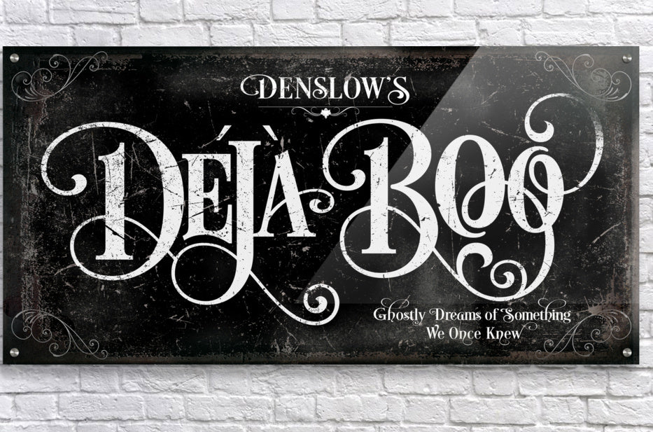 Acrylic Print halloween wall decor with little ghost on distressed black background and the words (family Name Deja Boo)