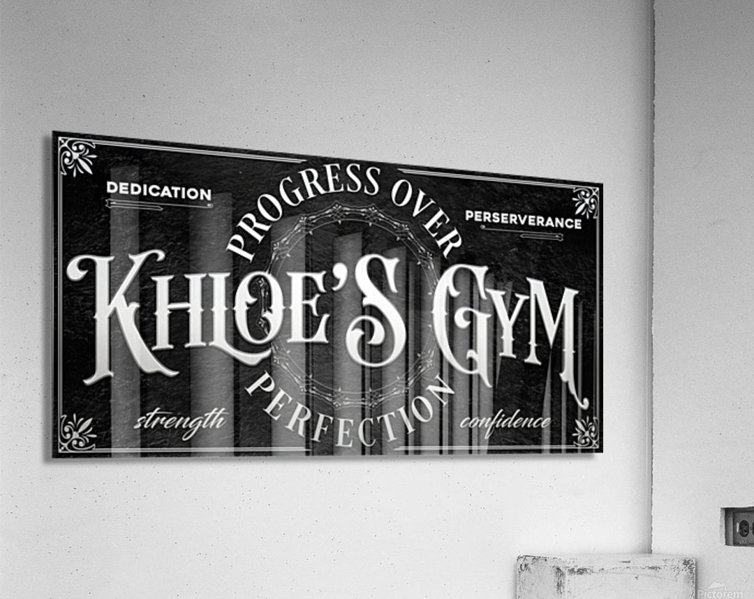 Personalized Gym Wall decor on black background with name and words progress over perfection home gym wall decor