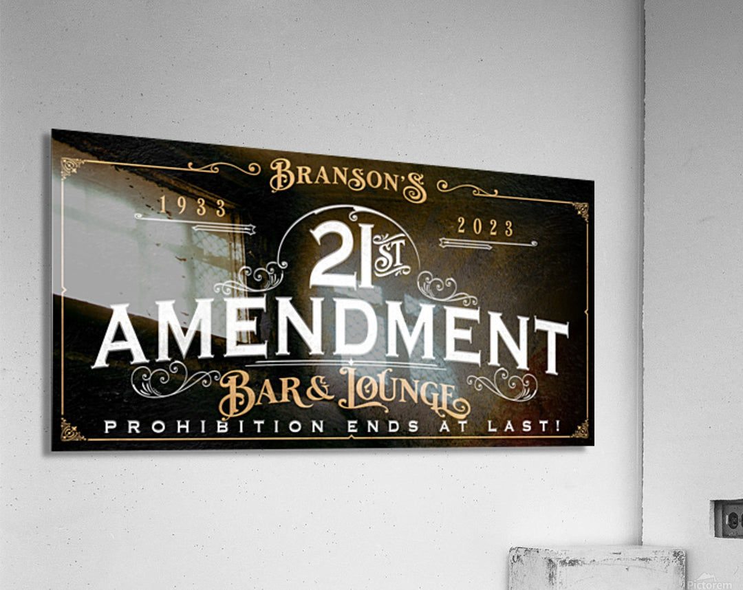 Speakeasy Decor 21st Amendment Sign on black stone frame with the words (family name) 21st Amendment Bar and Lounge - Prohibition ends at last!