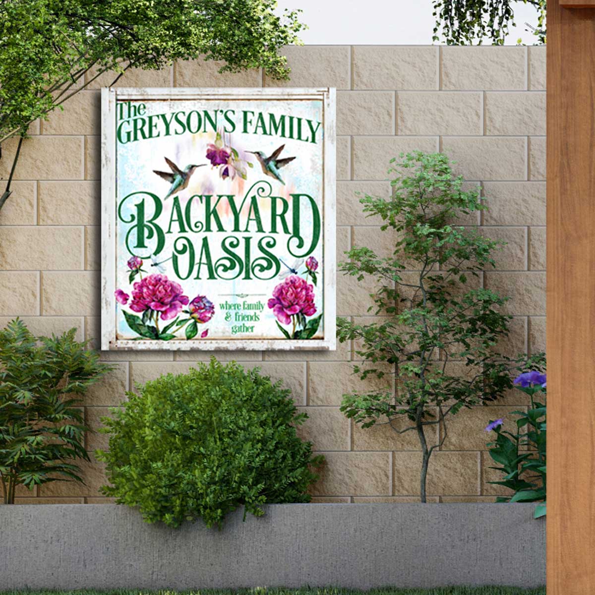 Garden Signs with Hummingbirds and the words [family name] Backyard Oasis, where family and friends gather