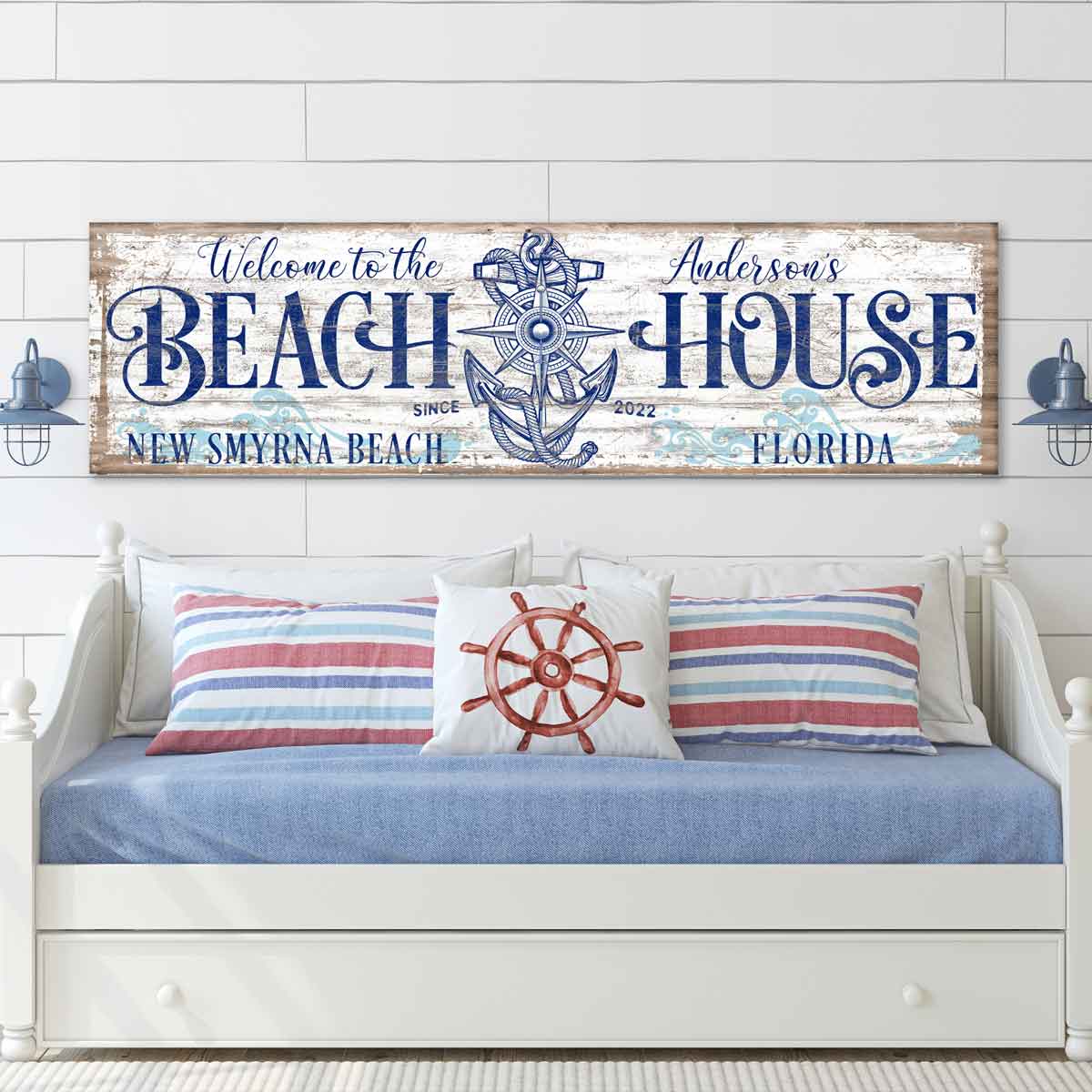 Coastal Decor -Anchor beach house sign with distressed white paint on faux distressed wood canvas frame with words {welcome to our beach house] est. date and name and state