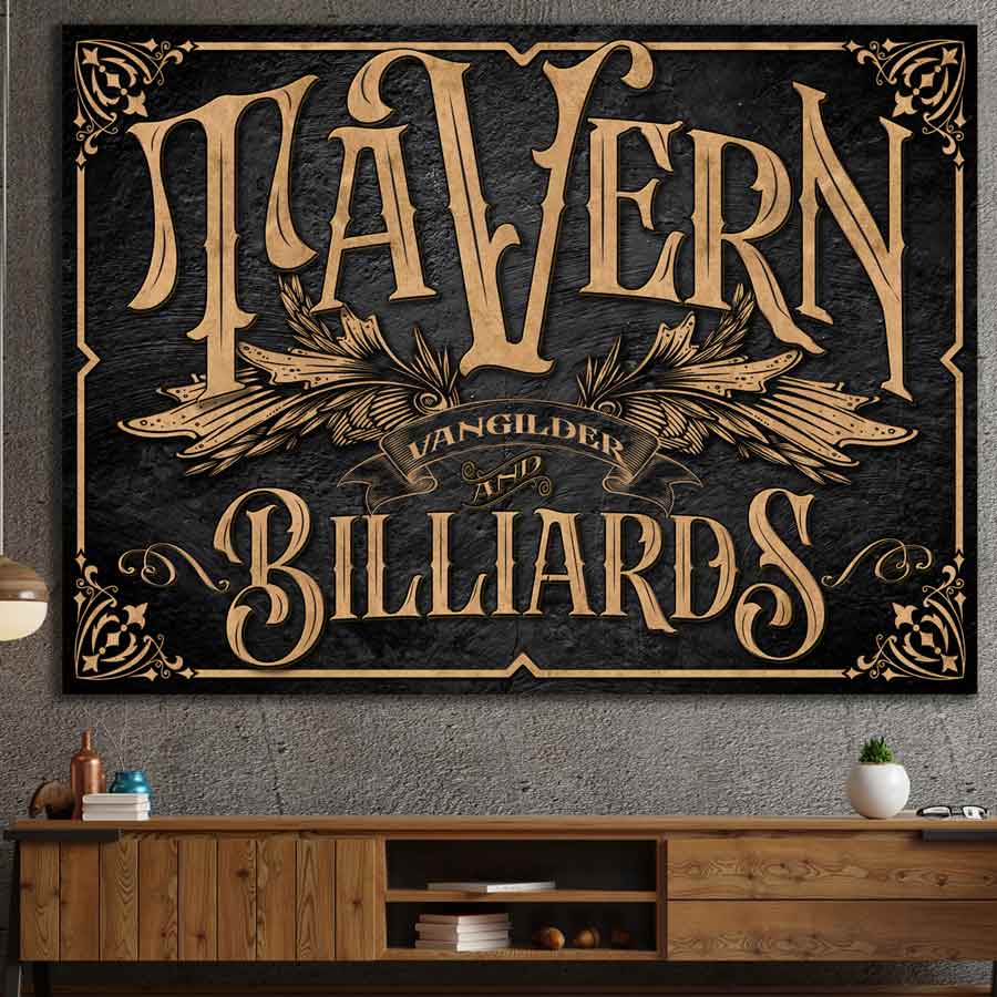 billiard room decor and Bar Art on black stone texture, with words Tavern and Billiards, with family name.