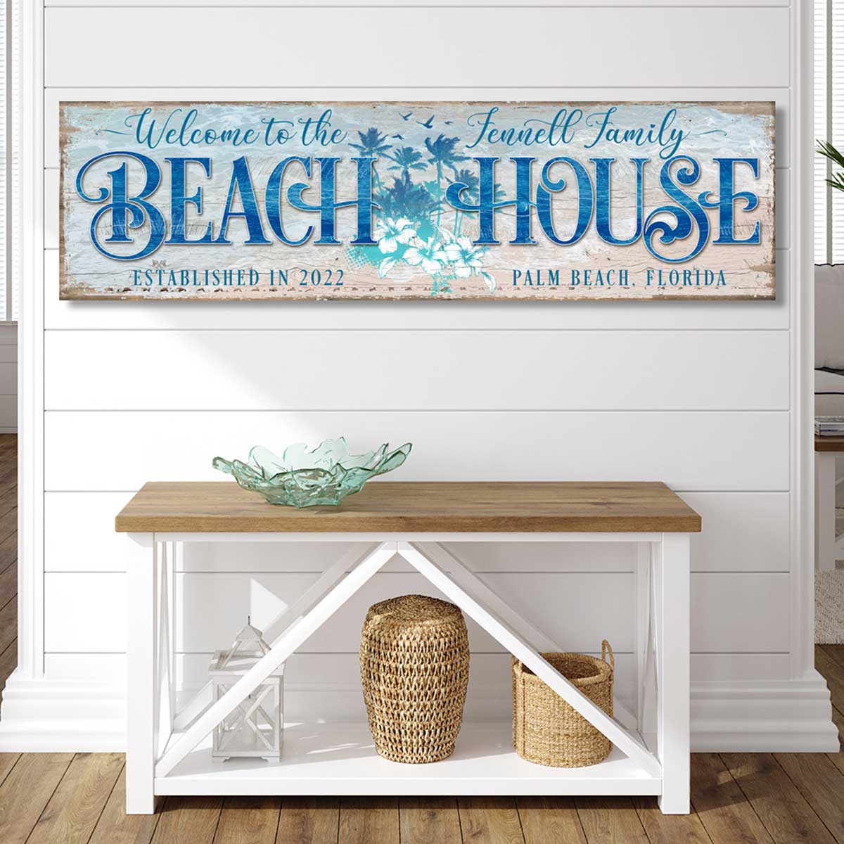 Coastal Decor - Beach House Sign personalized on weathered wood with Welcome to (family name) Beach House, est. date and city, state.