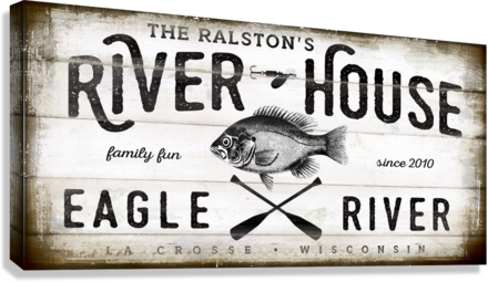 River House Sign on old plank wood with the words River House, family fun since {date}, river name, city and state with fish and paddles