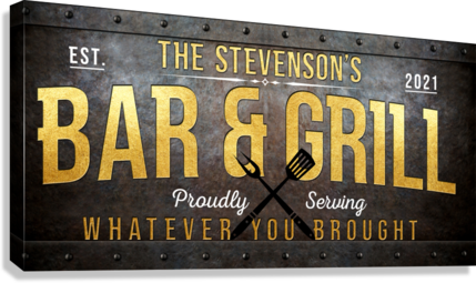 Personalized Backyard Bar and Grill Metal Sign with words: [family name, Bar & Grill, proudly serving whatever you brought]