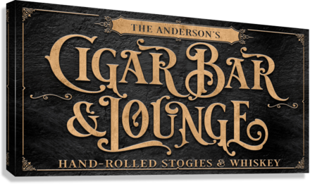 Cigar Bar & Lounge Sign, Cocktail Bar Sign, Cigar Sign on black stone with letters showing through with golden wood.