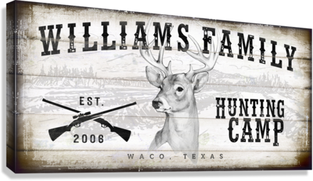 Deer head Sign with family name and the words - hunting camp. 