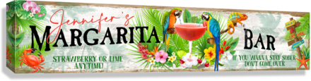 Tiki Bar sign personalized with birds drinking from a margarita and tropical flowers.