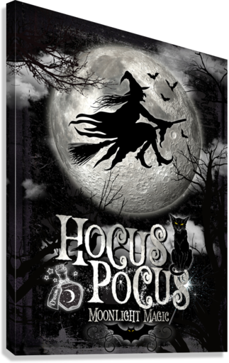 Hocus Pocus Halloween Decor on black background and a cloudy night and a wicked witch is flying in the moonlight with words Hocus Pocus