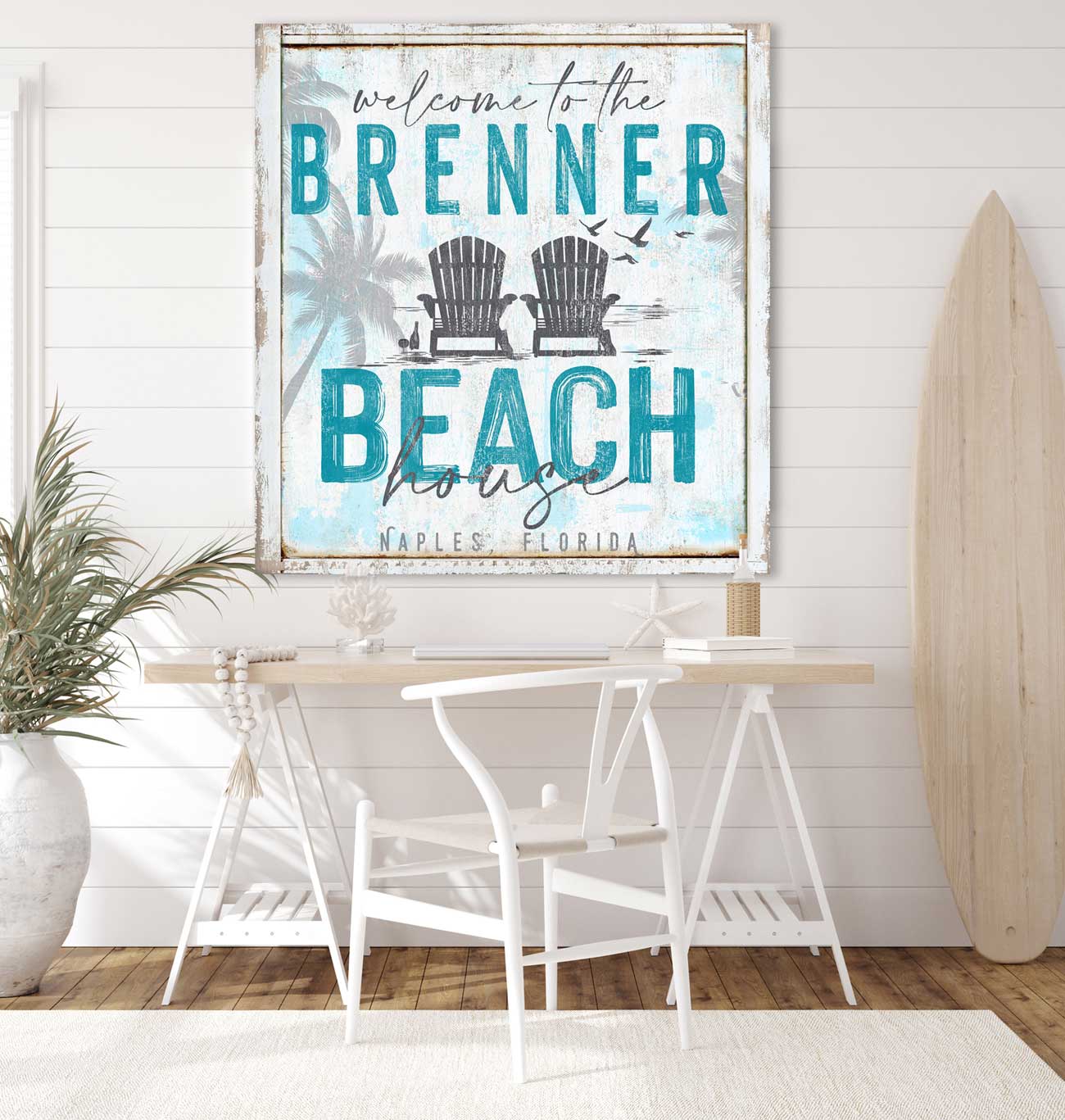 Custom Beach house sign on old distressed white wood, with palm trees and two adirondack chairs in the sand with the words [ welcome to the 'family name' Beach House, Naples Florida in a very large wall art size.