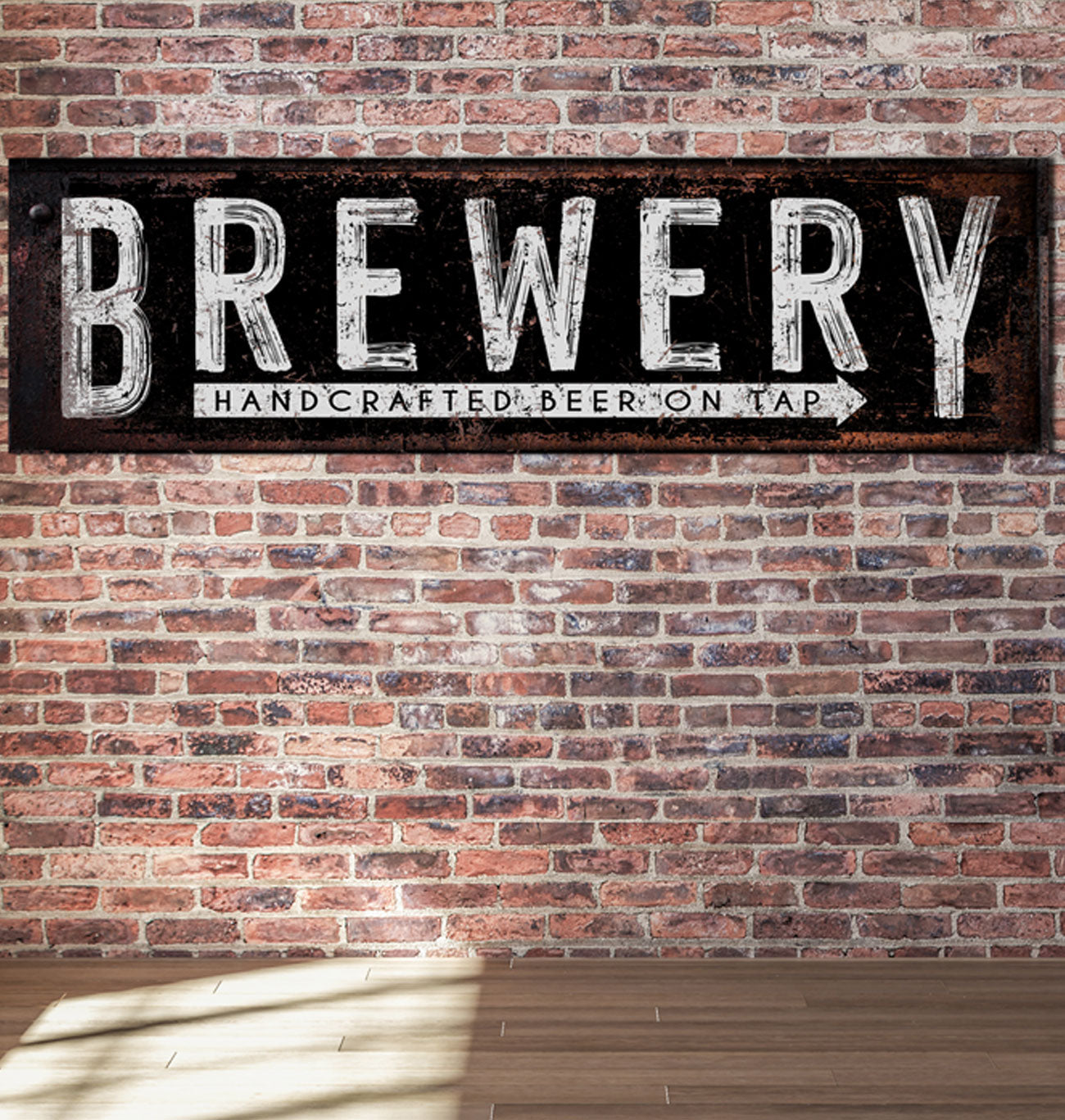 Basement Bar sign that says Brewery in distressed black rusted background with big words "BREWERY" handcrafted beer on tap. Personalized with your name in white print.
