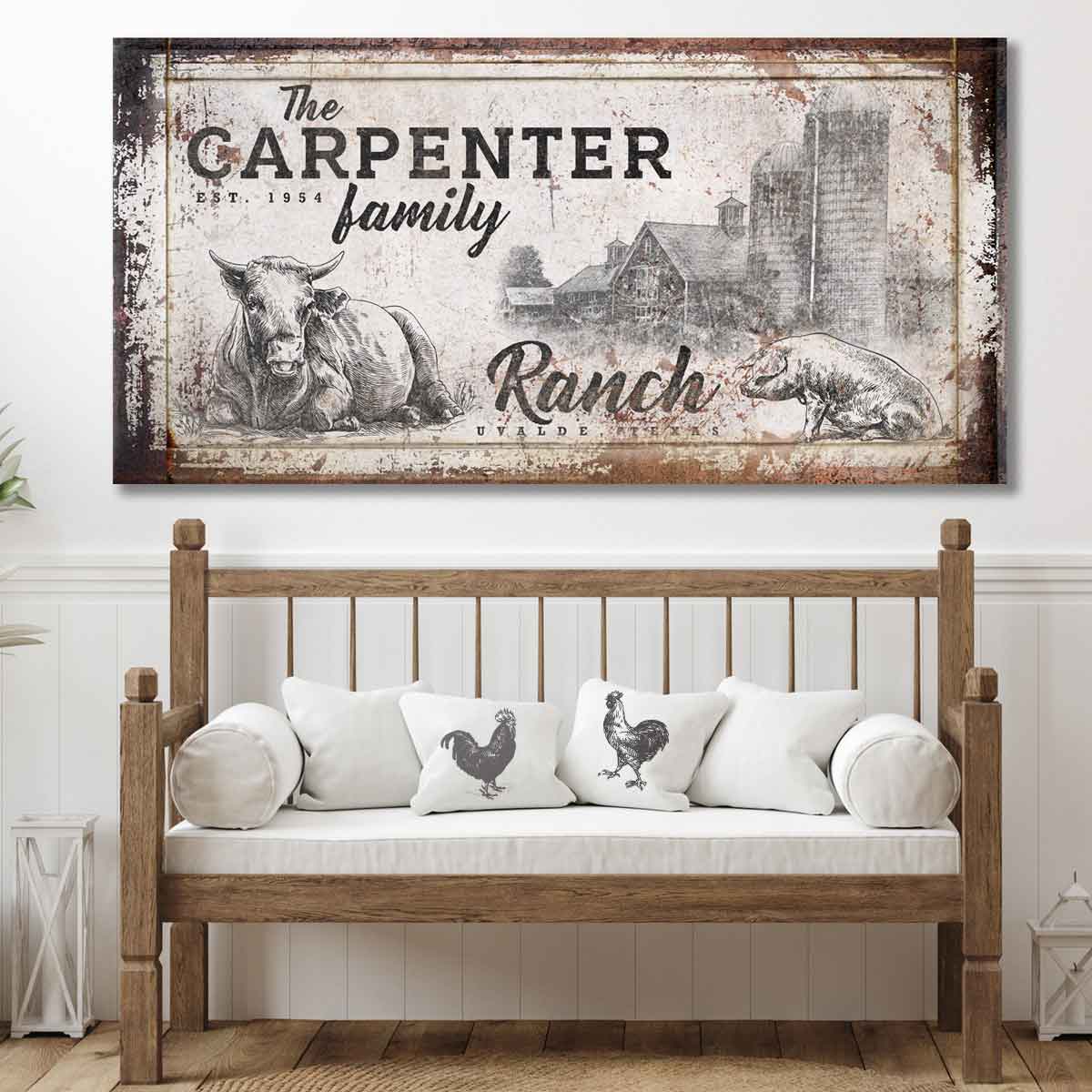 cattle ranch sign Rustic Farmhouse Sign with Cow and pig in front of barn and silos with the words [family name] Ranch, with est. date and city, and state