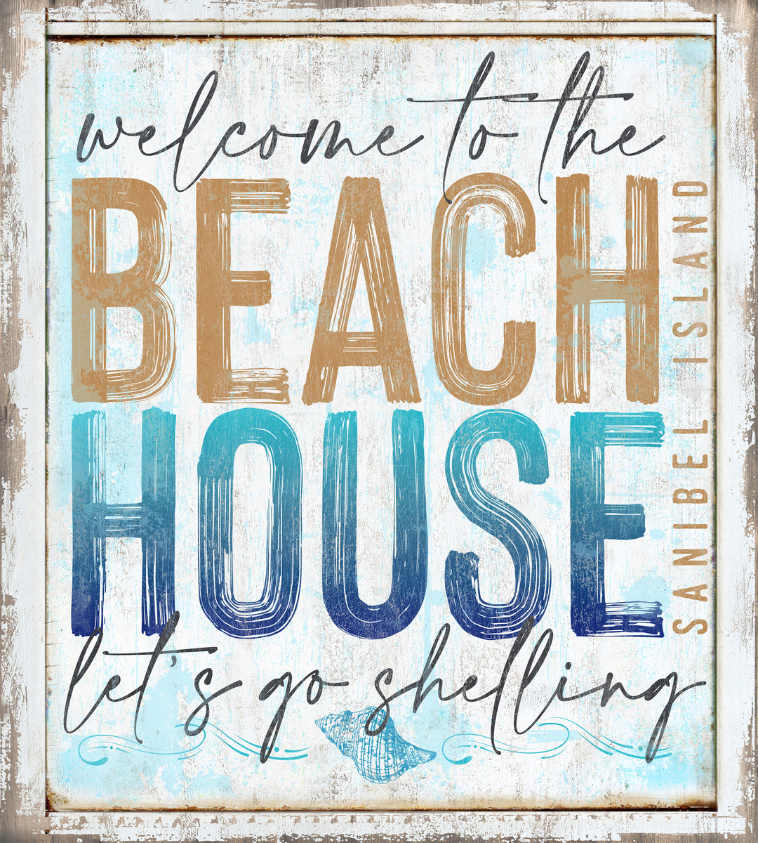 coastal wall decor personalized for your beach with name and the words lets go shelling, sanibel island