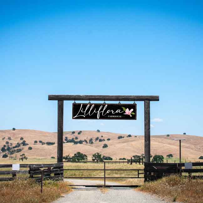 custom ranch sign hanging on wooden beam entrance with the words lilliflora farmhouse on it.