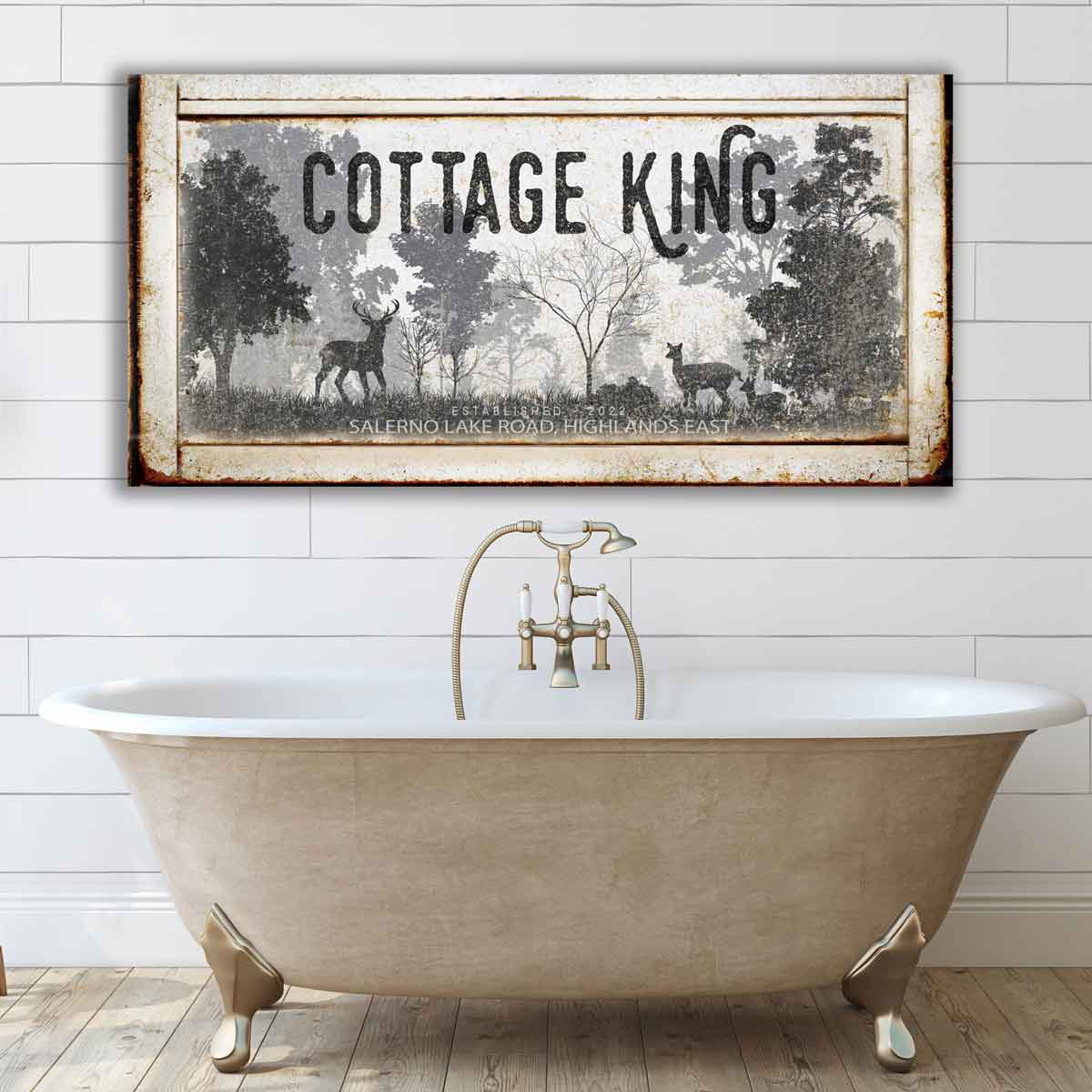 Cabin decor that reads [Cottage King] with a woodsy picture with deer on metal or canvas