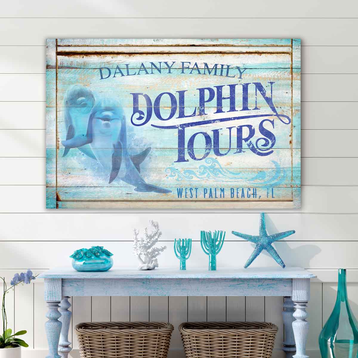 Beach House Sign Dolphin decor for walls on distressed blue beach wood, with dolphin tours in big letters and family name and city and state