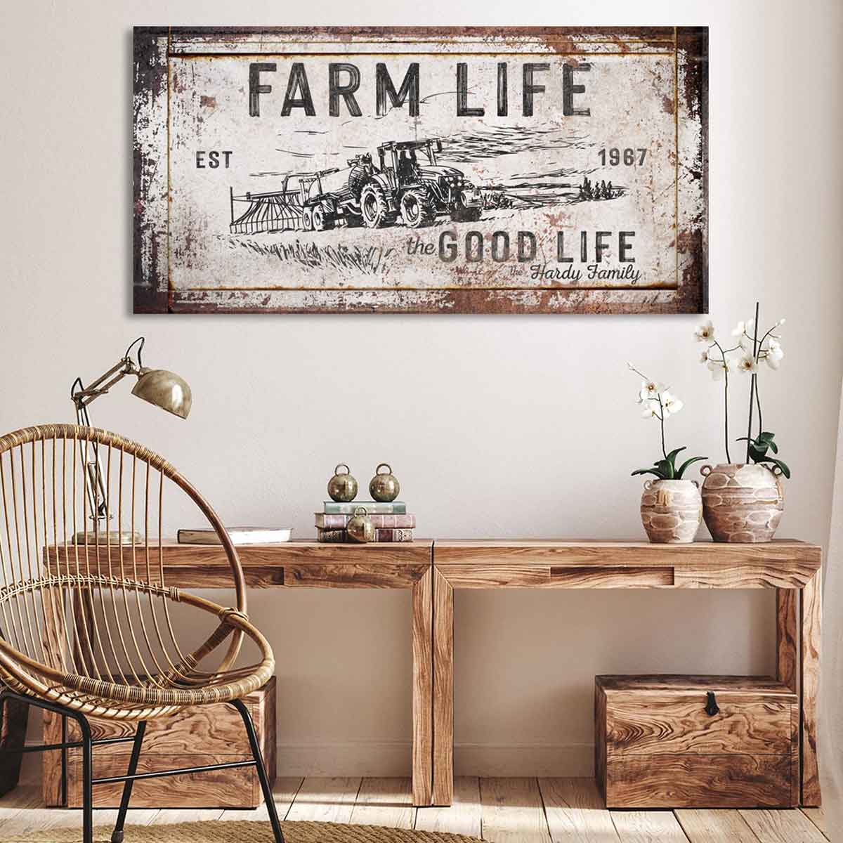 Farmers Signs -Rustic Farmhouse Sign with tractor plowing a field and the words [farm life the good life] personalized with family name.