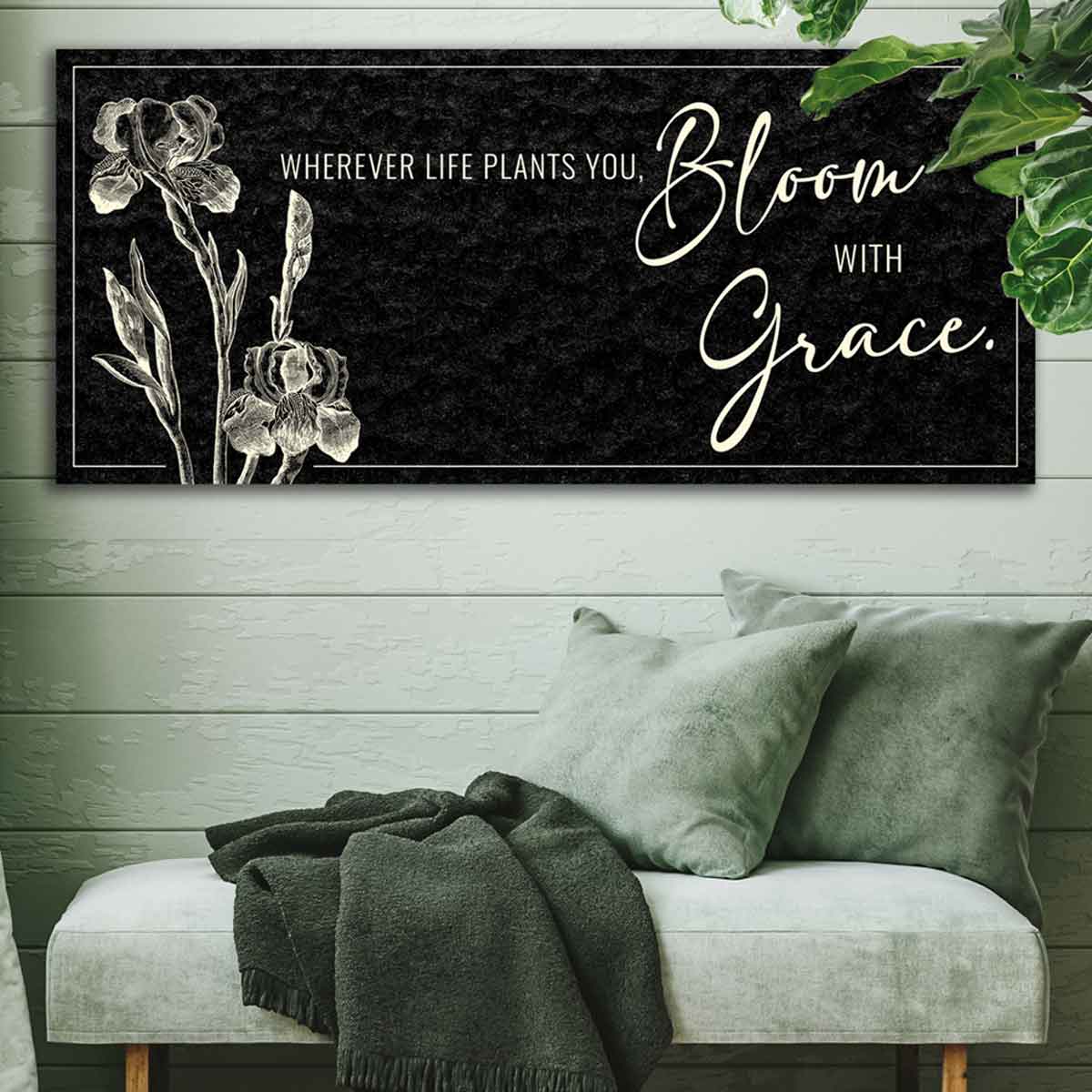 Flower Garden Sign, all black with a Iris flower and the words [wherever life plants you, Bloom with Grace.]