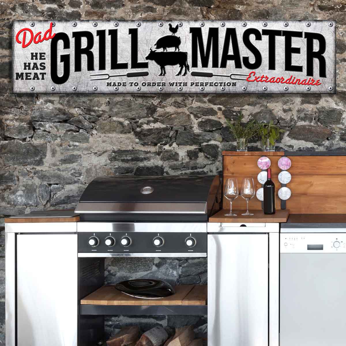 Personalized grill master sign, in metal texture with the words [Dad, grill master extraordinaire, he has the meat.