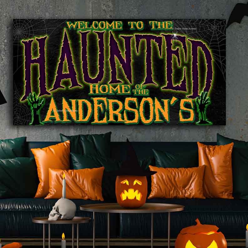 Halloween Decorating Ideas - Welcome to our Haunted Home Personalized Sign with spooky words and hands grabbing the letters.