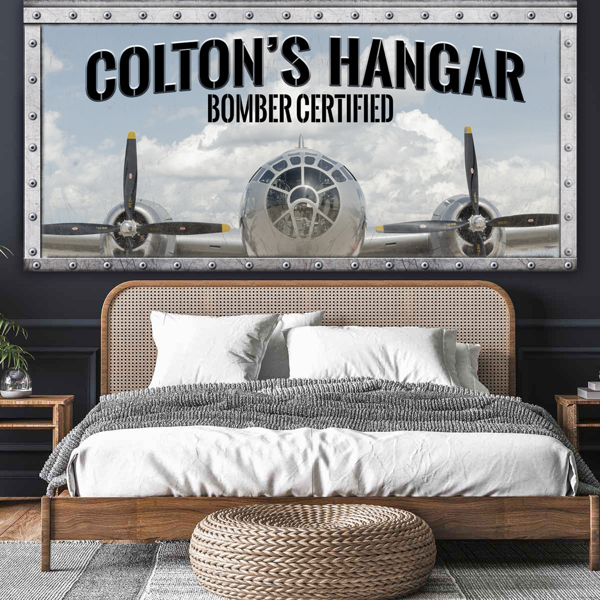 B-29 Bomber, Bomber Wall Art, Airplane art on a faux metal background with rivets. 