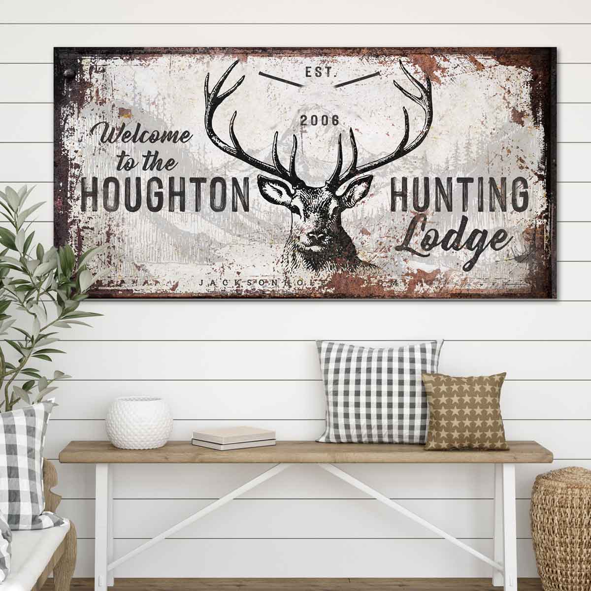 Hunting Lodge Sign or Deer Camp Sign with big buck with rack on faux metal canvas wall art perfect for cabin decor