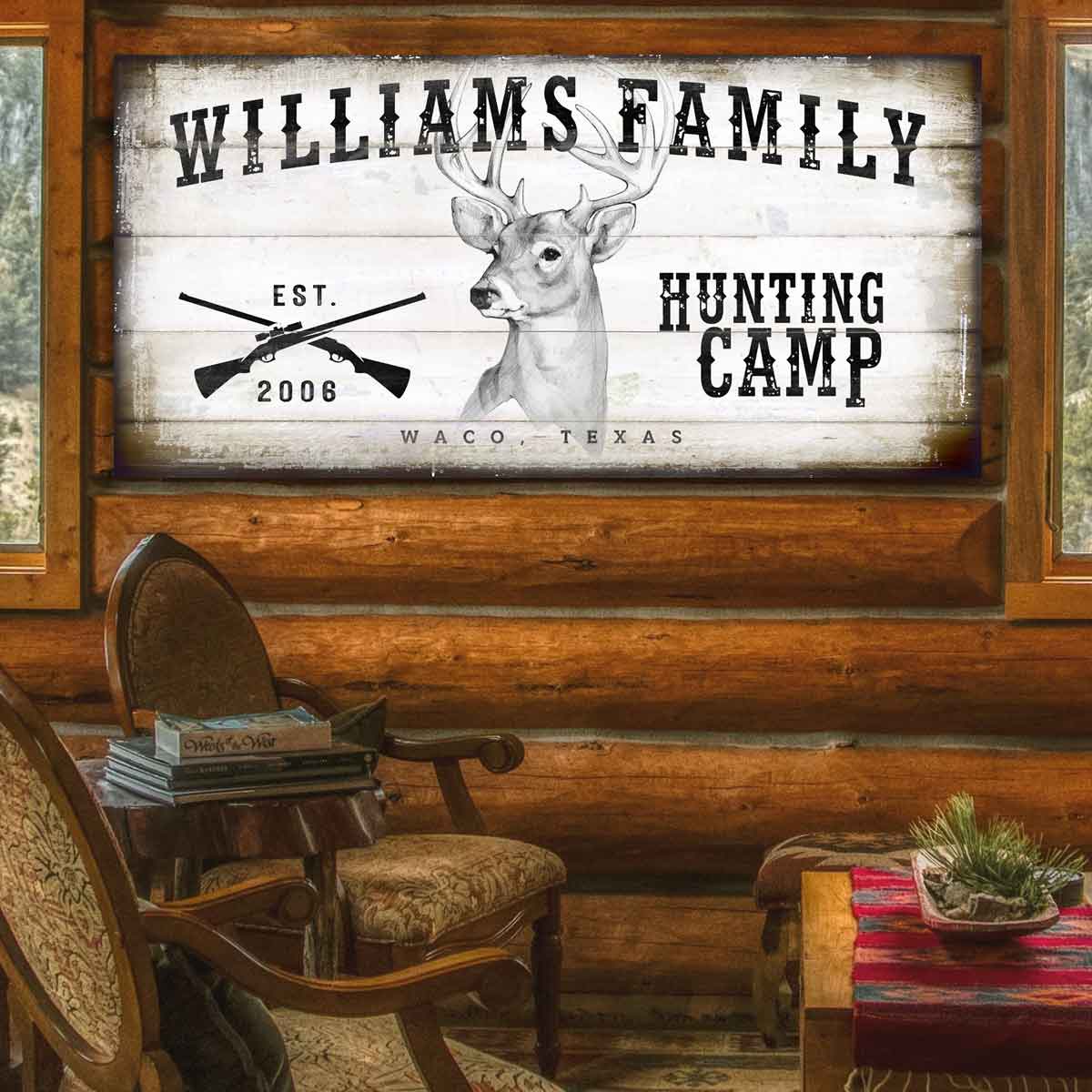Deer Camp Sign on rustic wood with family name and the words Hunting Camp