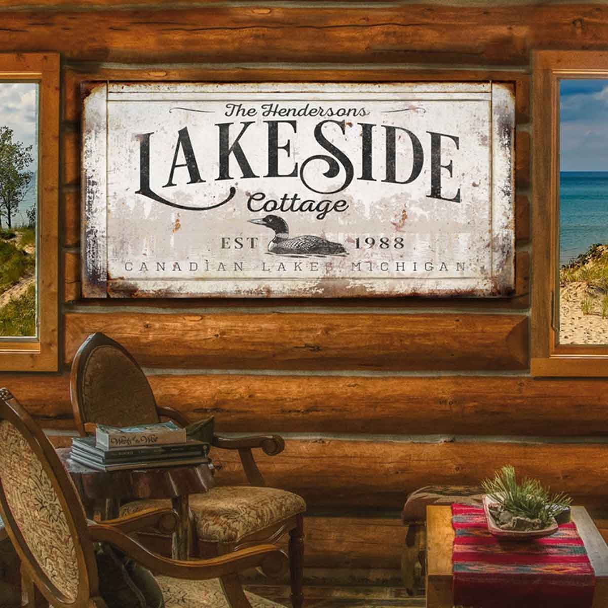 Lake House-Lake Cabin Decor, Large Canvas Sign of Loon on the water with trees in background, with the words: the {family Name} Lakeside Cottage, est, date, city and state.
