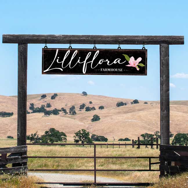 Large metal barn sign on black distressed background with the words Lillyflora farmhouse and a pink magnolia makes the perfect ranch sign.